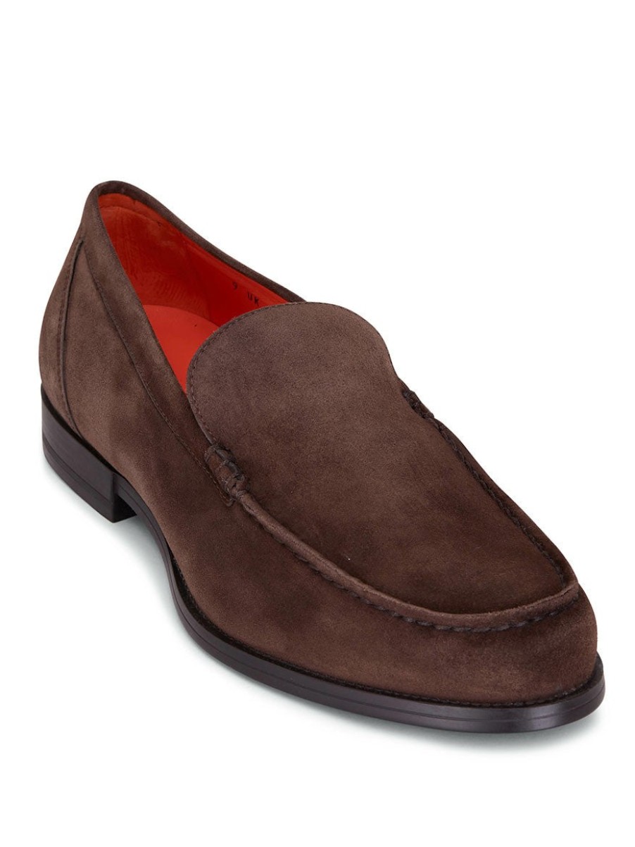 Men'S Santoni Loafers & Slip-Ons | Faith Suede Loafer Dark Brown Shoes | Santoni