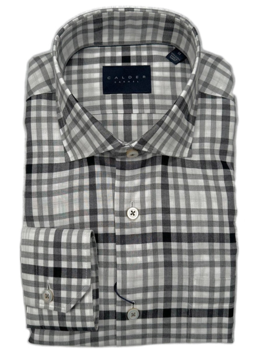 Men'S Calder Carmel Dress Shirts | Newport-Buckley Luxe Herringbone Twill Sport Shirt In Grey/Black Check | Larrimor'S