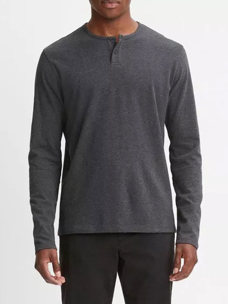 Men'S Vince T-Shirts | Sueded Jersey Long-Sleeve Henley In Heather Charcoal | Vince