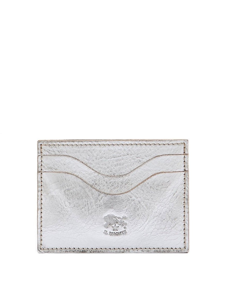 Women'S Il Bisonte Wallets | Baratti Card Case Metallic Silver Leather | Il Bisonte