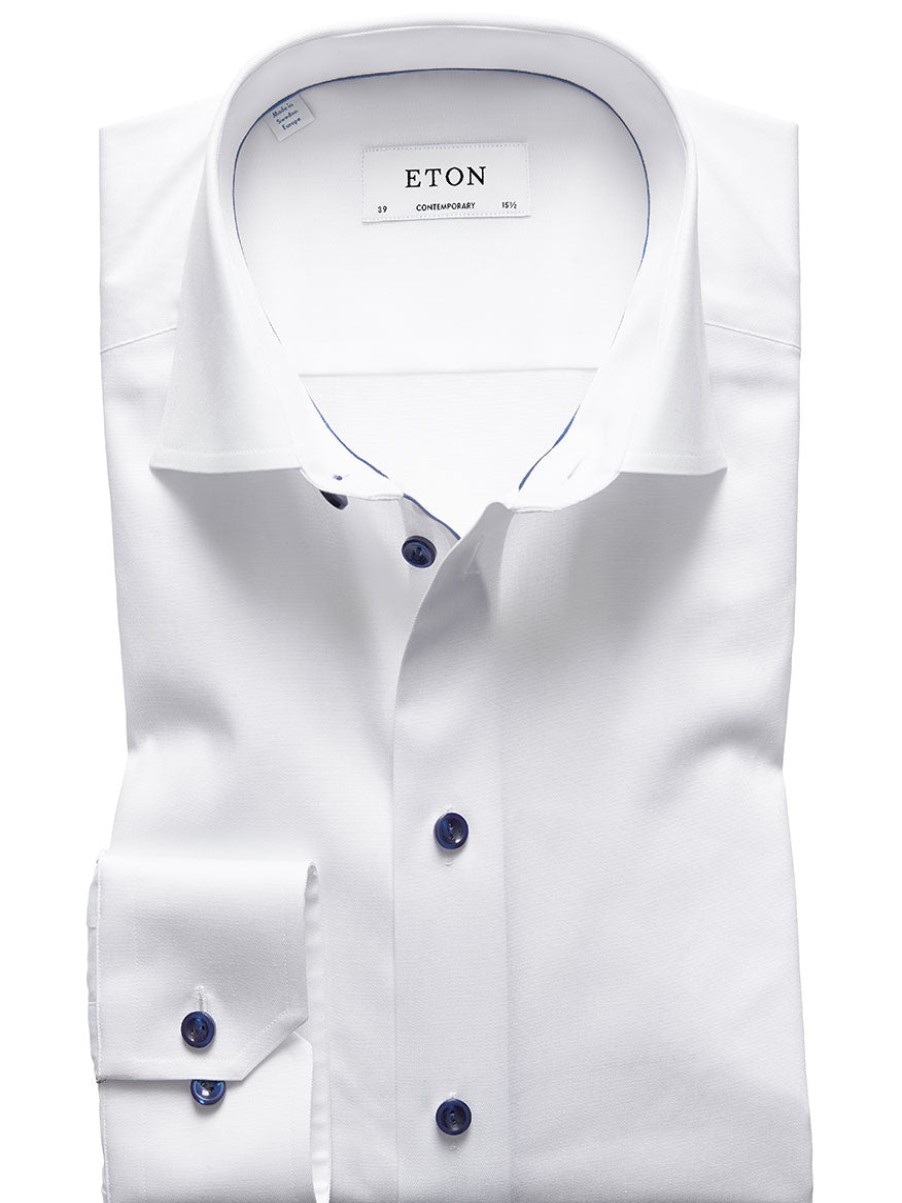 Men'S Eton Dress Shirts | Contemporary Fit White Twill Dress Shirt With Navy Details | Eton