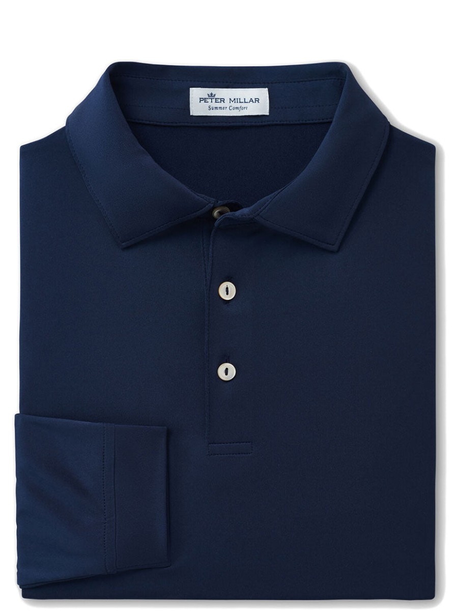 Men'S Peter Millar T-Shirts | Solid Stretch Jersey Long Sleeve Polo Navy Polos | Peter Millar