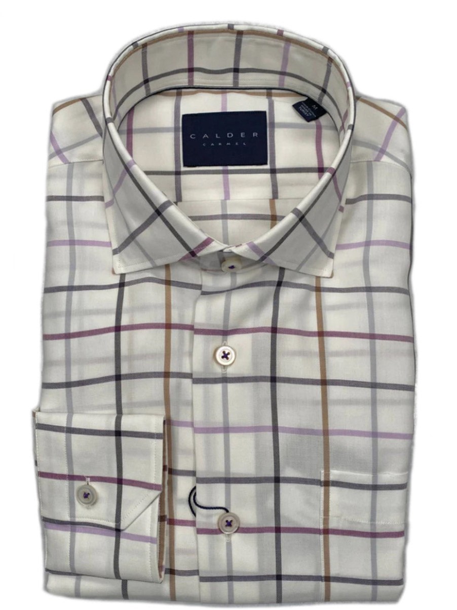 Men'S Calder Carmel Dress Shirts | Newport-Ulysses Luxe Peached Flannel Sport Shirt In White/Purple Windowpane | Larrimor'S