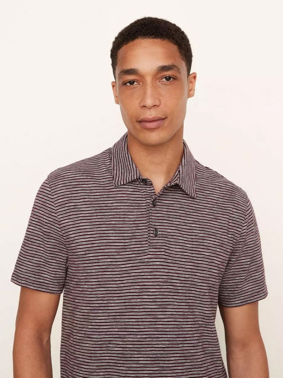 Men'S Vince T-Shirts | Slub Stripe Short Sleeve Polo Heather Grey/Deep Wine | Vince