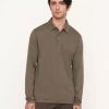 Men'S Vince T-Shirts | Garment Dye Long Sleeve Polo Olive Field | Vince