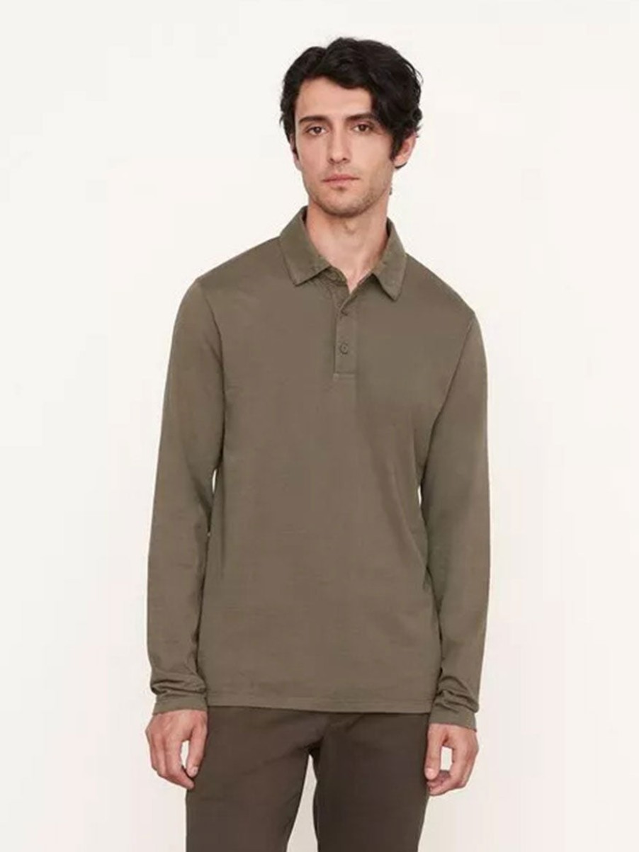 Men'S Vince T-Shirts | Garment Dye Long Sleeve Polo Olive Field | Vince