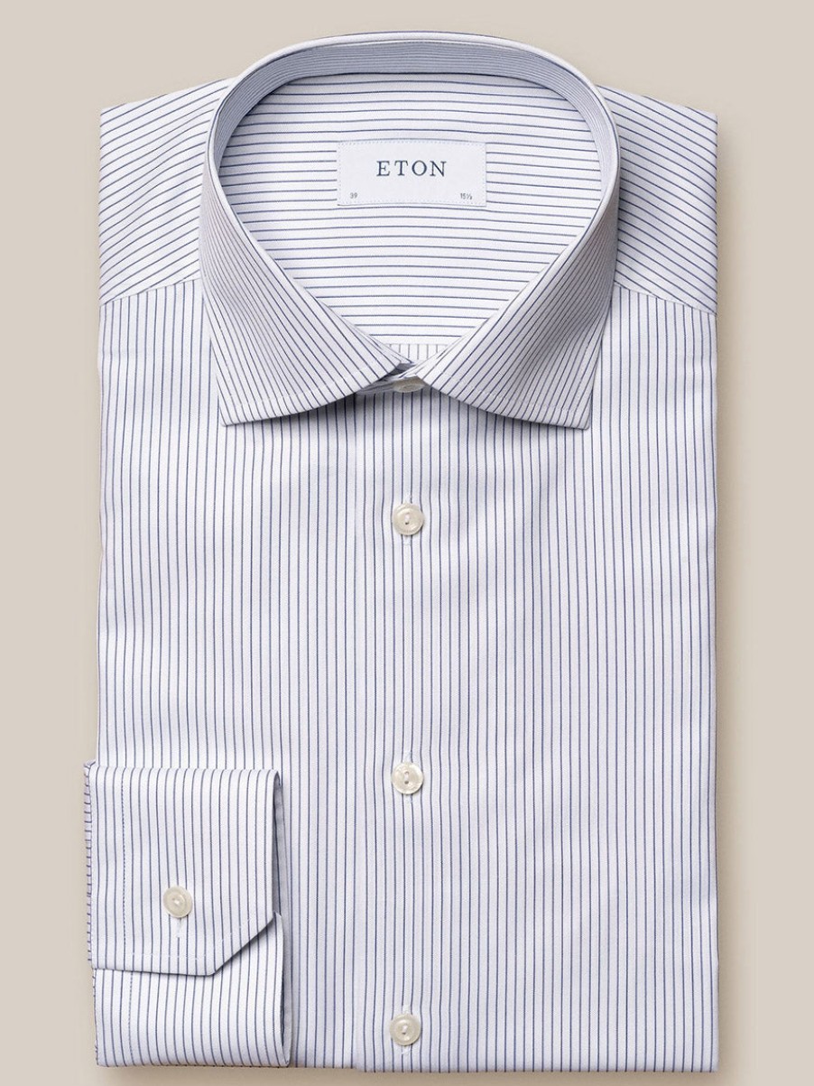 Men'S Eton Dress Shirts | Navy Blue Fine Striped Cotton-Tencel® Shirt | Eton