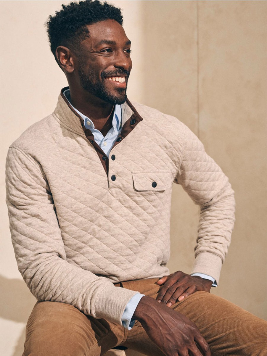 Men'S Faherty Brand T-Shirts | Epic Quilted Fleece Pullover In Oatmeal Melange | Faherty Brand