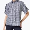 Women'S Hinson Wu Tops | Kylie Lulu Short Sleeve Mini Gingham Shirt Navy/White | Hinson Wu