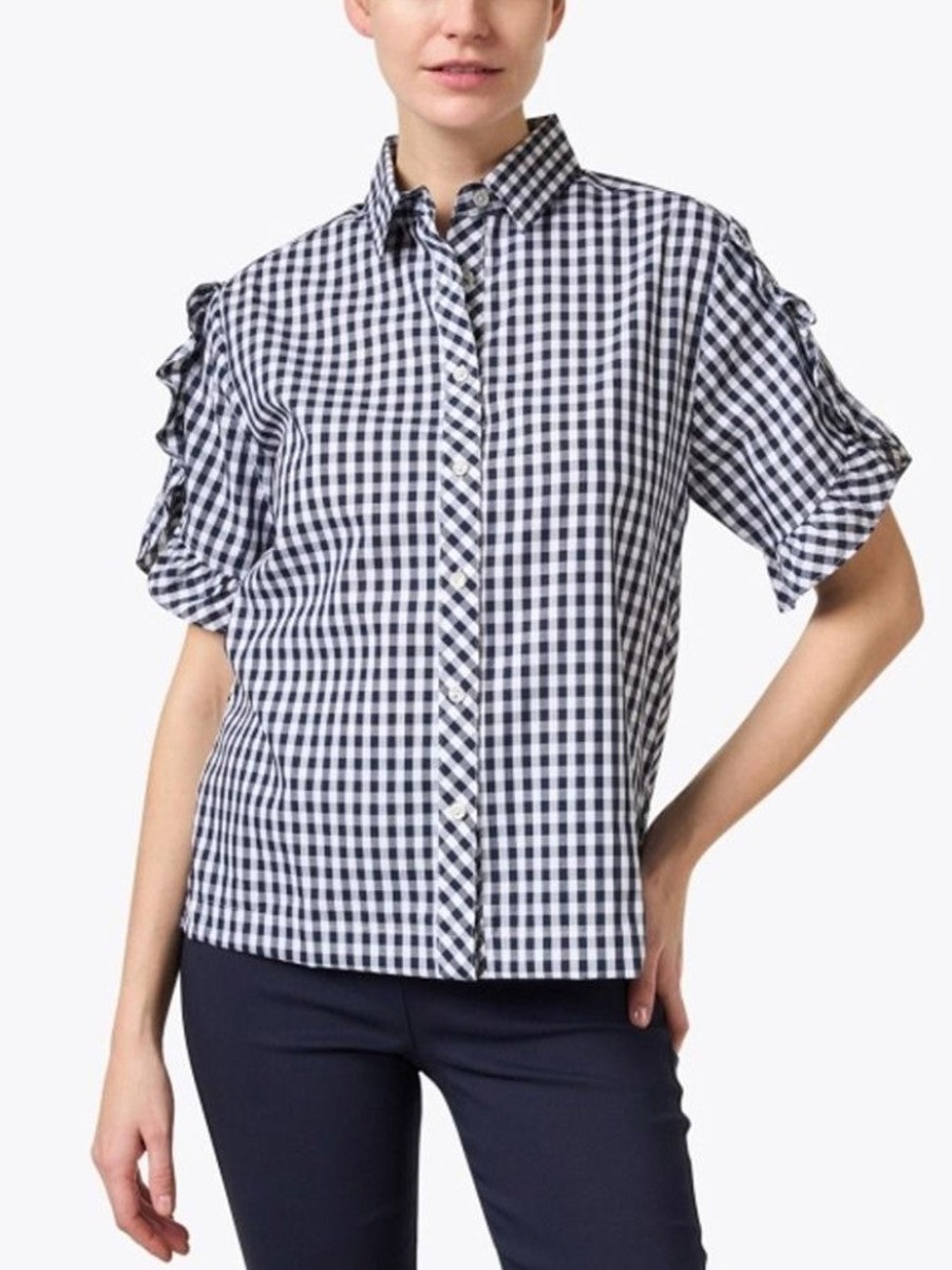 Women'S Hinson Wu Tops | Kylie Lulu Short Sleeve Mini Gingham Shirt Navy/White | Hinson Wu