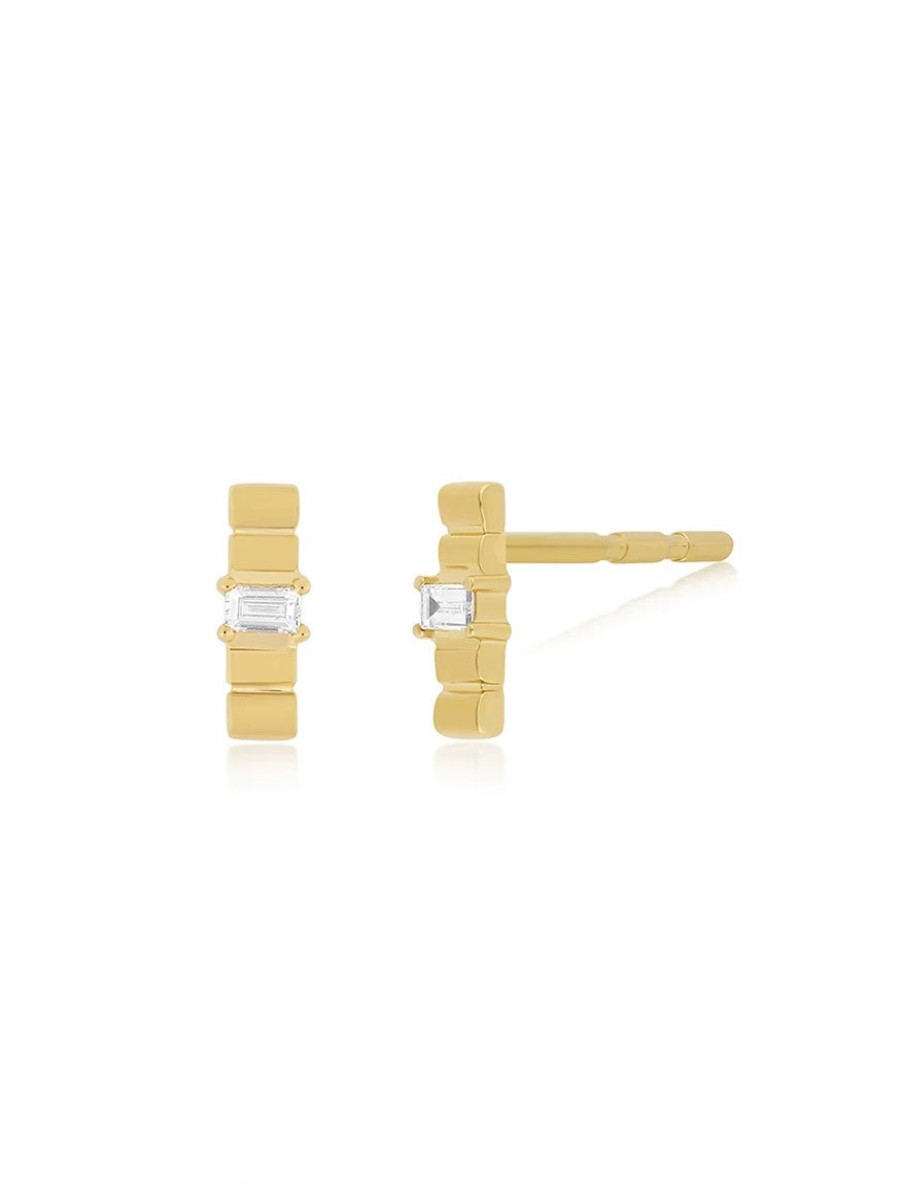 Women'S EF Collection Earrings | Diamond Gold Fluted Bar Stud Earrings Yellow Gold | Ef Collection