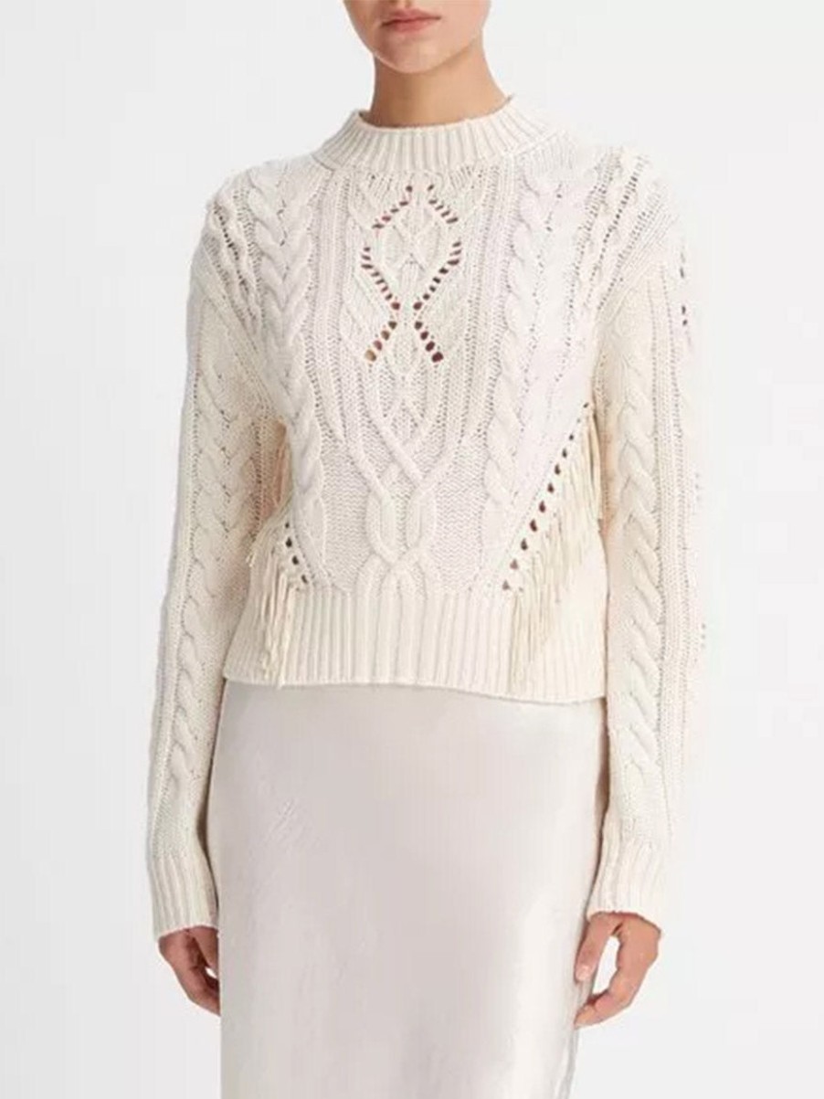 Women'S Vince Sweaters | Fringe Merino Wool-Cashmere Cable Sweater In Cream | Vince