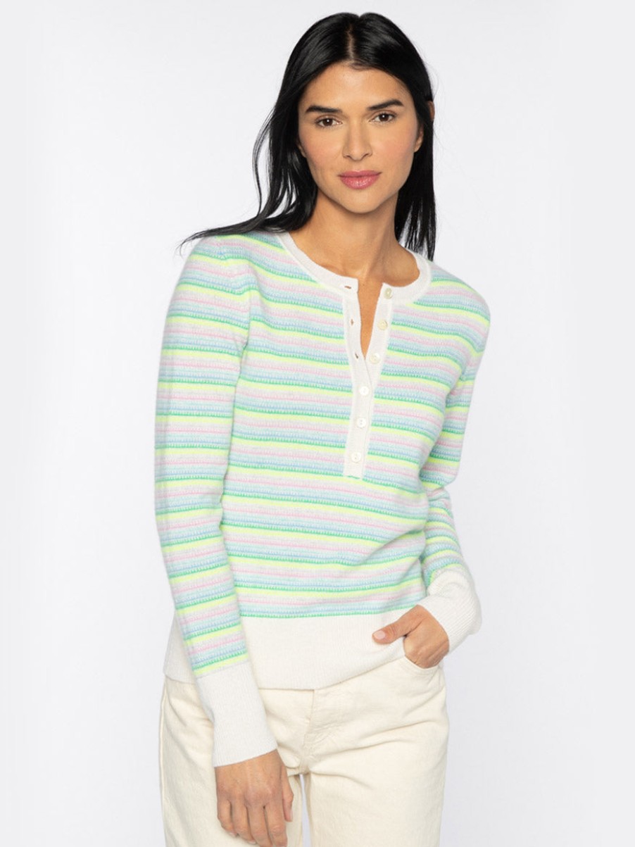 Women'S Kinross Tops | Micro Stripe Henley In Ivory Multi | Kinross