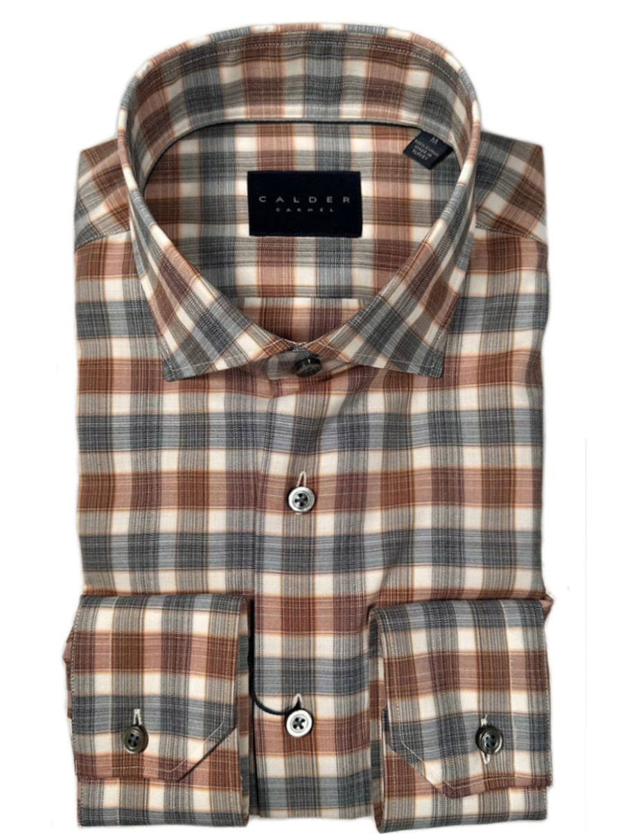 Men'S Calder Carmel Dress Shirts | Newport-Buckley Luxe Peached Flannel Twill In Spice/Blue | Larrimor'S