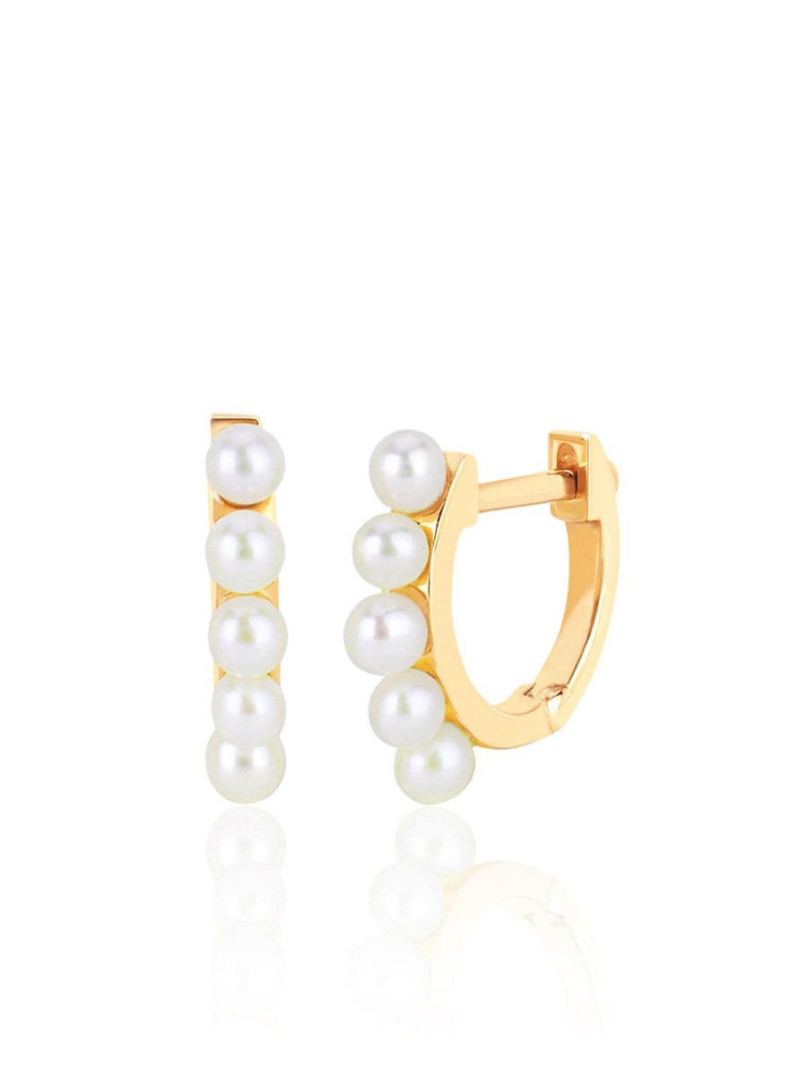 Women'S EF Collection Earrings | Buy Mini Pearl Huggie Earrings In Yellow Gold Jewelry