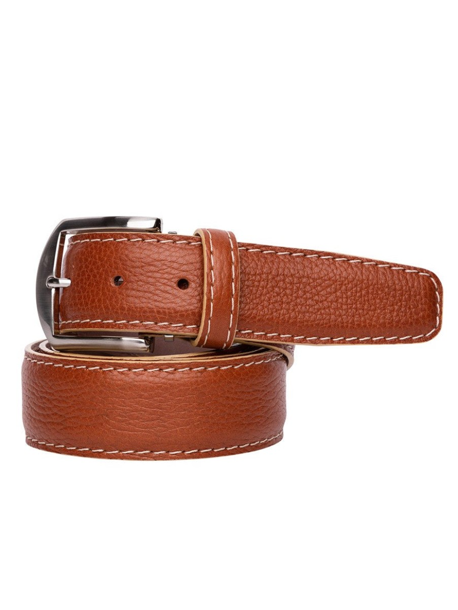 Men'S LEN Belts Belts | French Pebble Grain Belt Cognac Beige Edge & Border Stitch | Len Belts