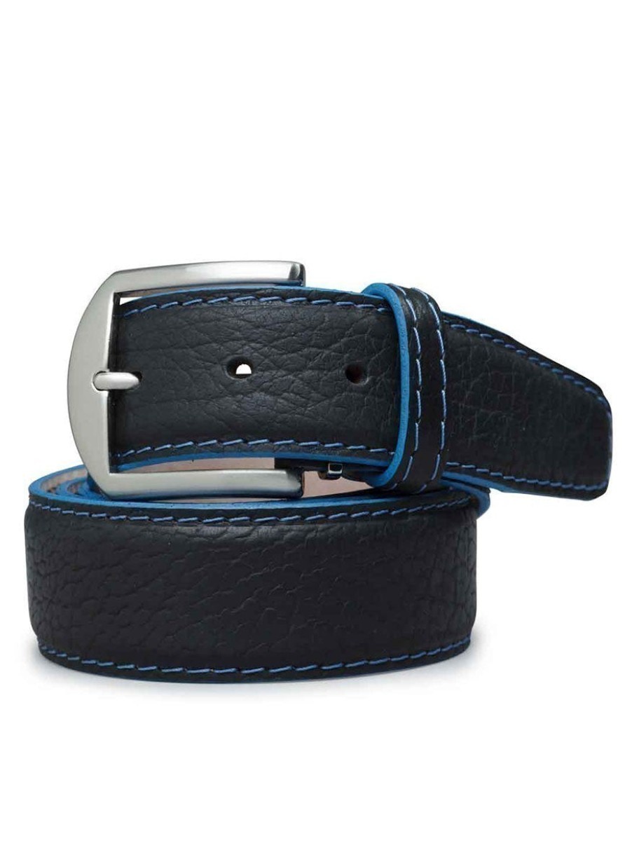 Men'S LEN Belts Belts | American Bison Belt Black Denim Blue Edge & Stitching | Len Belts