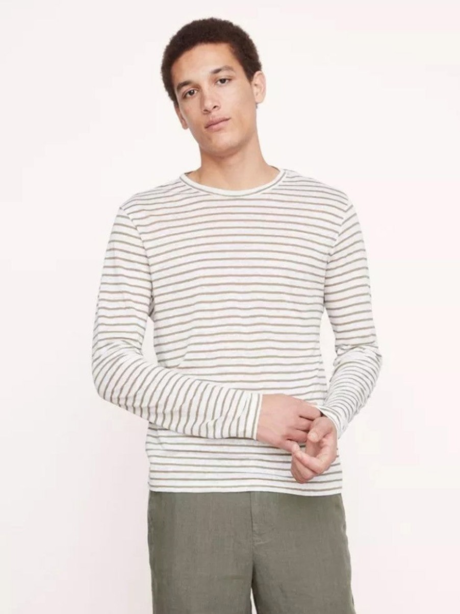 Men'S Vince T-Shirts | Linen Stripe Crew Neck Shirt Off White/Pine Green | Vince