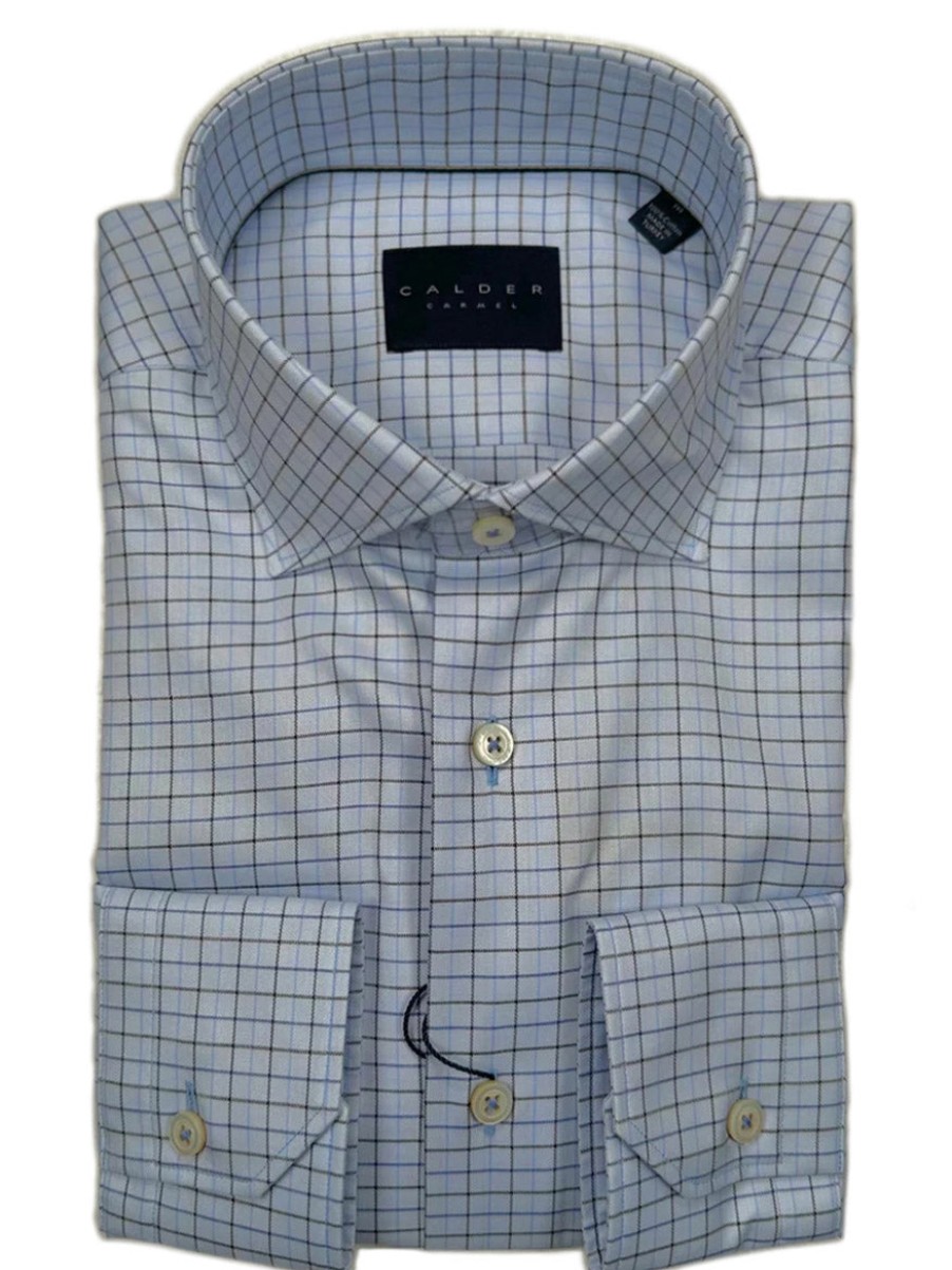 Men'S Calder Carmel Dress Shirts | Newport-Ulysses Luxe Herringbone Sport Shirt In Light Blue Check | Larrimor'S