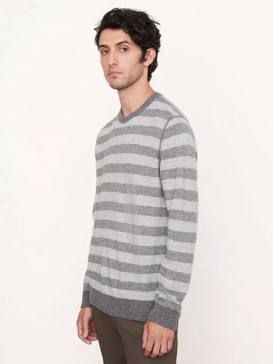 Men'S Vince T-Shirts | Birdseye Stripe Long Sleeve Crew Neck Sweatshirt Heather Grey/Pearl | Vince