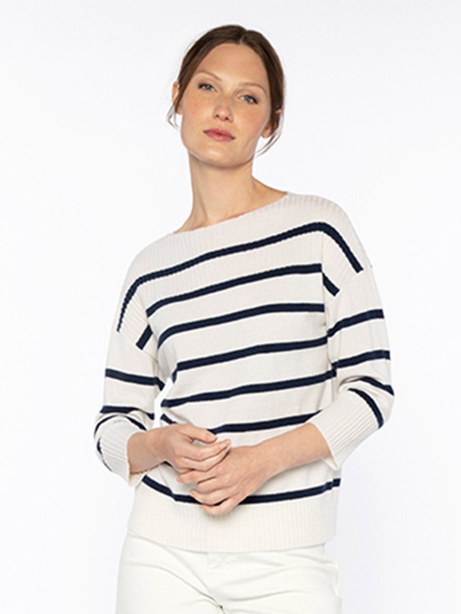 Women'S Kinross Sweaters | Rib Yoke Stripe Pullover In Ivory/Navy | Kinross