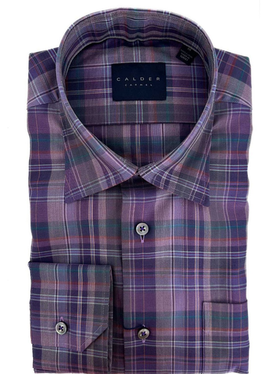 Men'S Calder Carmel Dress Shirts | Newport-Buckley Ultimate Luxe Sport Shirt In Plum Multi | Larrimor'S