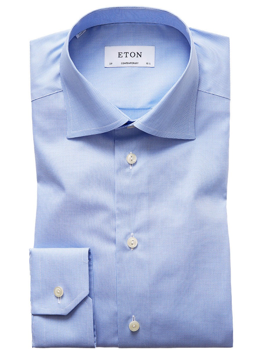 Men'S Eton Dress Shirts | Contemporary Fit Light Blue Houndstooth Dress Shirt | Eton