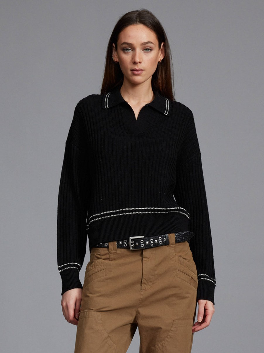 Women'S rag & bone Sweaters | Monti Long Sleeve Polo Sweater In Black | Rag & Bone