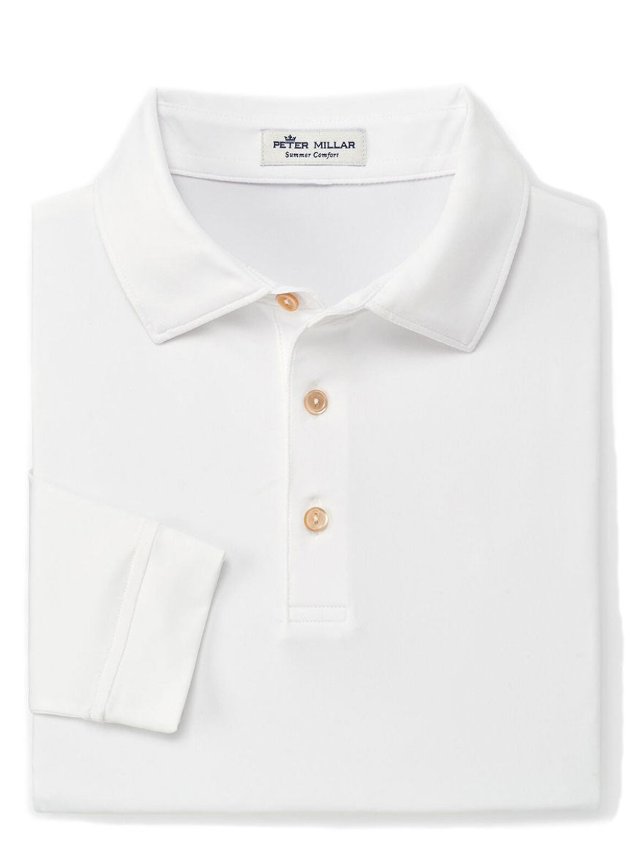 Men'S Peter Millar T-Shirts | Solid Long-Sleeve Performance Jersey Polo White Polos | Peter Millar