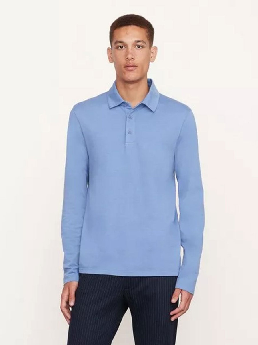 Men'S Vince T-Shirts | Garment Dye Long Sleeve Polo Colony Blue | Vince