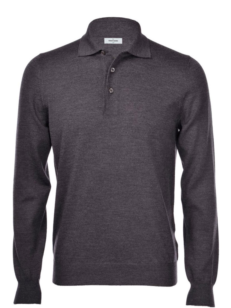 Men'S Gran Sasso Polo Shirts | Fashion Fit Long Sleeve Polo In Charcoal | Gran Sasso