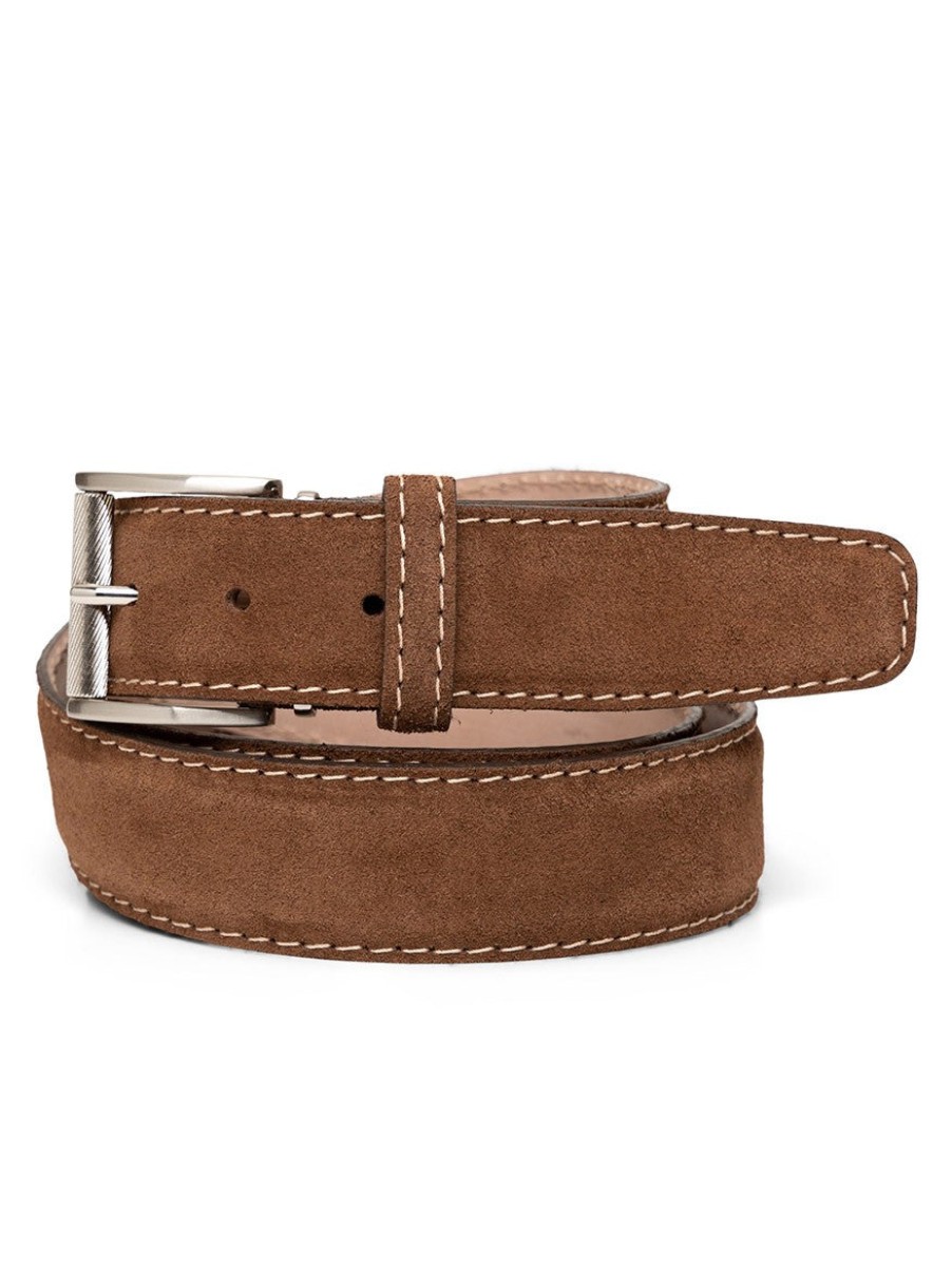 Men'S LEN Belts Belts | Italian Suede Chestnut Veg Beige Stitch | Len Belts