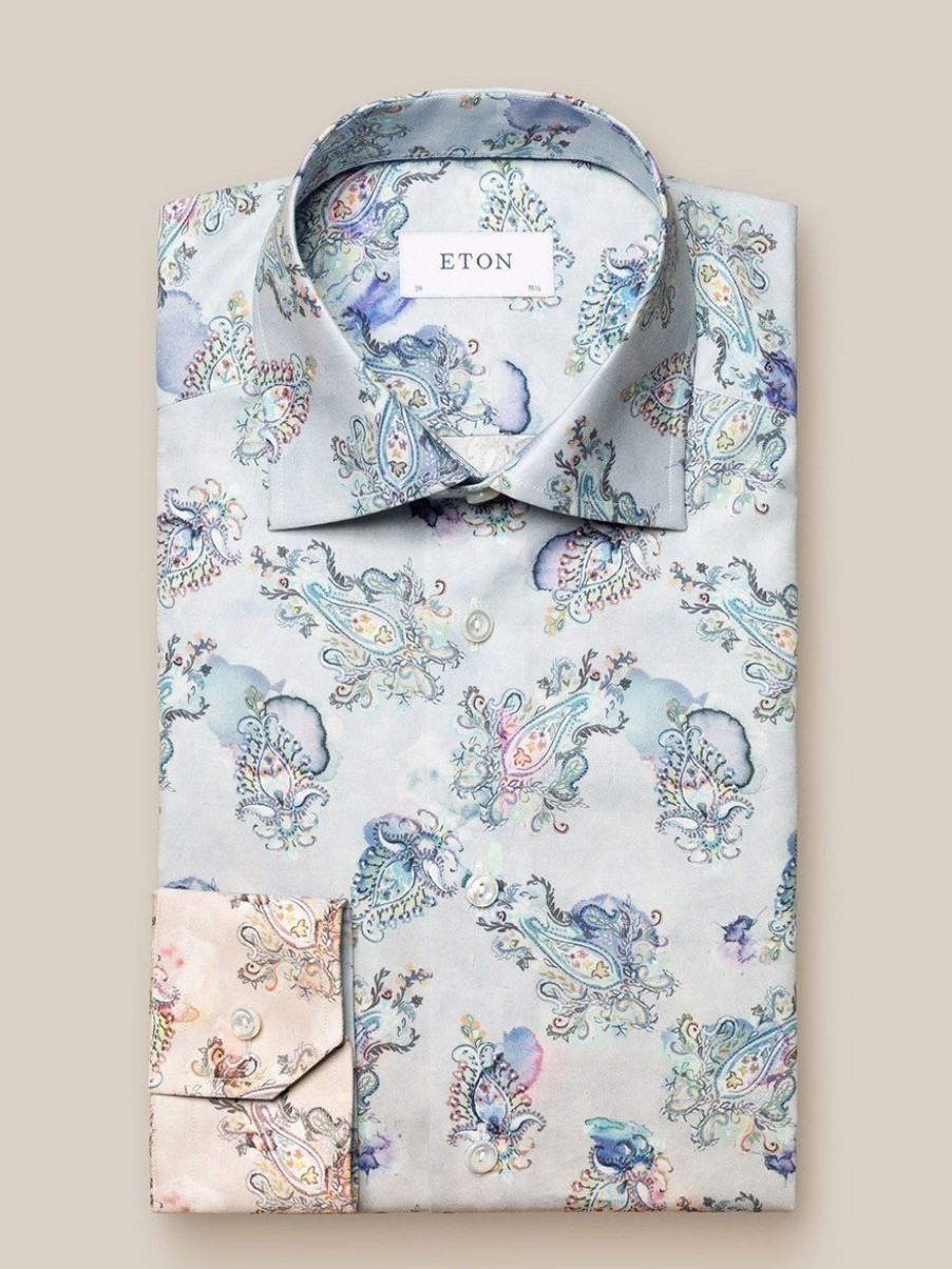 Men'S Eton Dress Shirts | Light Blue Gradient Paisley Print Shirt | Eton