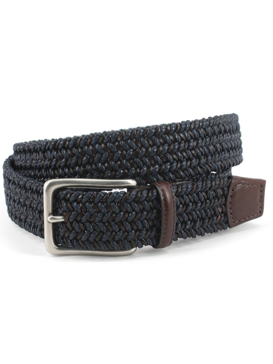 Men'S Torino Leather Belts | Italian Woven Cotton & Leather Belt Navy/Brown | Torino Leather