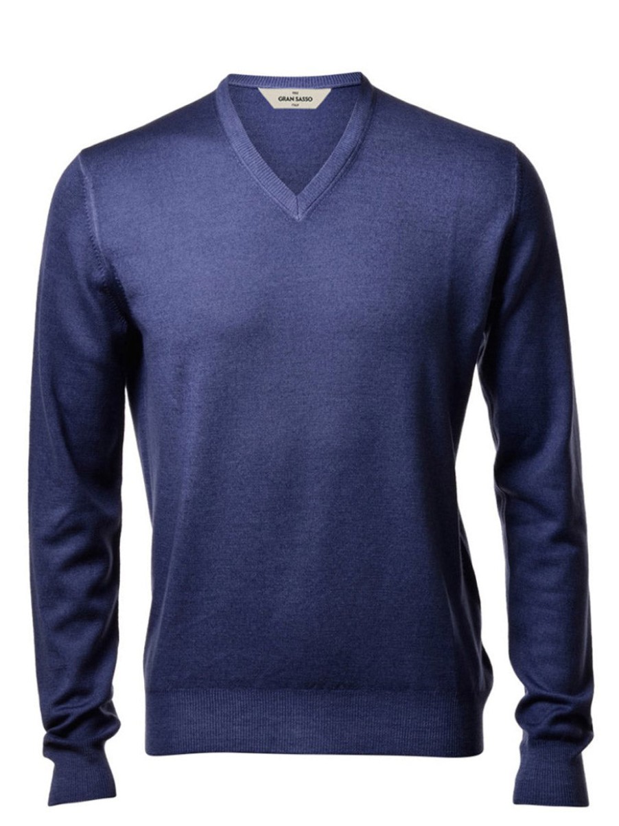 Men'S Gran Sasso Sweaters | Vintage Wash Extrafine Merino V-Neck In Denim | Gran Sasso