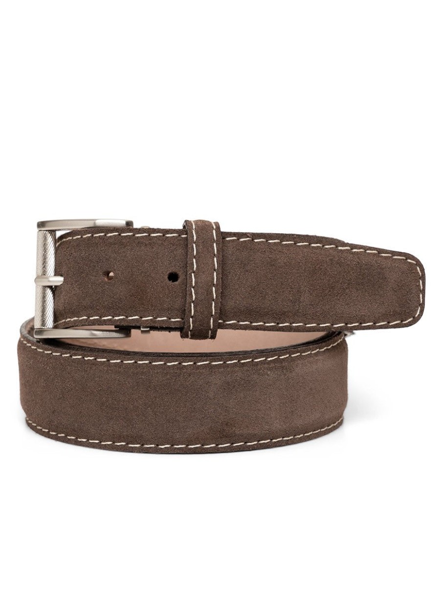 Men'S LEN Belts Belts | Italian Suede Chocolate Beige Stitch | Len Belts