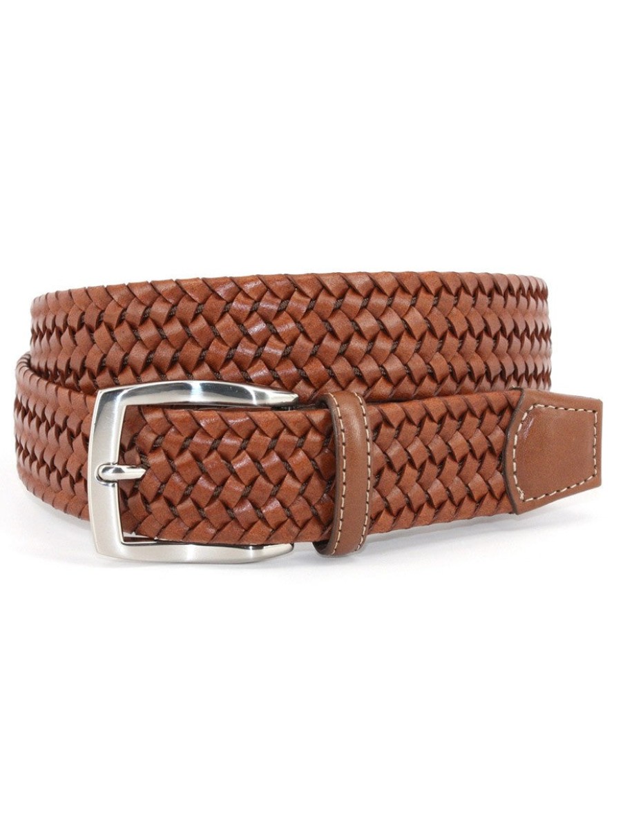 Men'S Torino Leather Belts | Italian Woven Stretch Leather Belt Cognac | Torino Leather