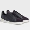 Men'S Zegna Sneakers | Navy Blue Grained Leather And Suede Triple Stitch Sneakers | Zegna