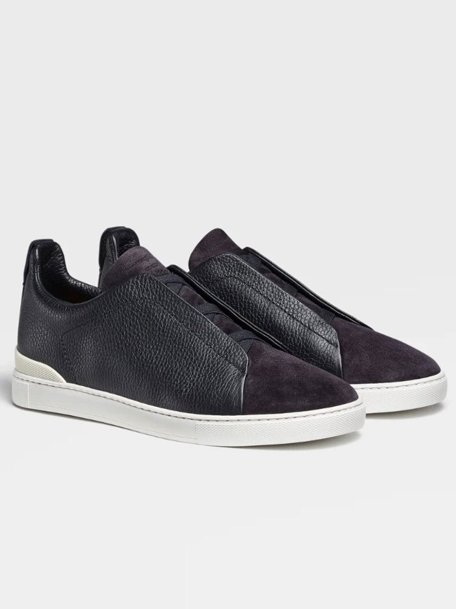 Men'S Zegna Sneakers | Navy Blue Grained Leather And Suede Triple Stitch Sneakers | Zegna