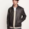 Men'S Vince Coats & Jackets | Leather Harrington Bomber Jacket Black | Vince