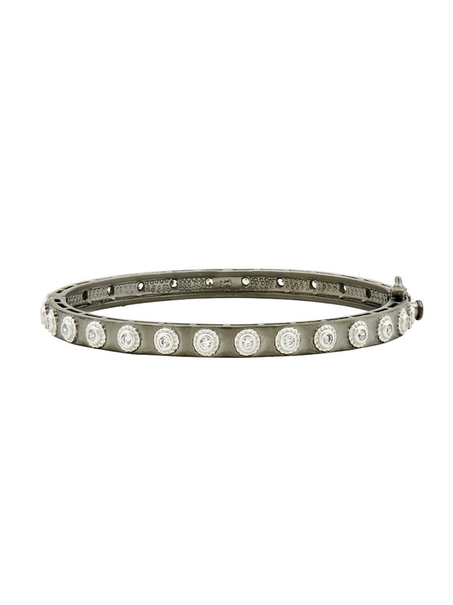 Women'S Freida Rothman Bracelets | Signature Studded Eternity Hinge Bangle Silver & Black Reverse | Freida Rothman