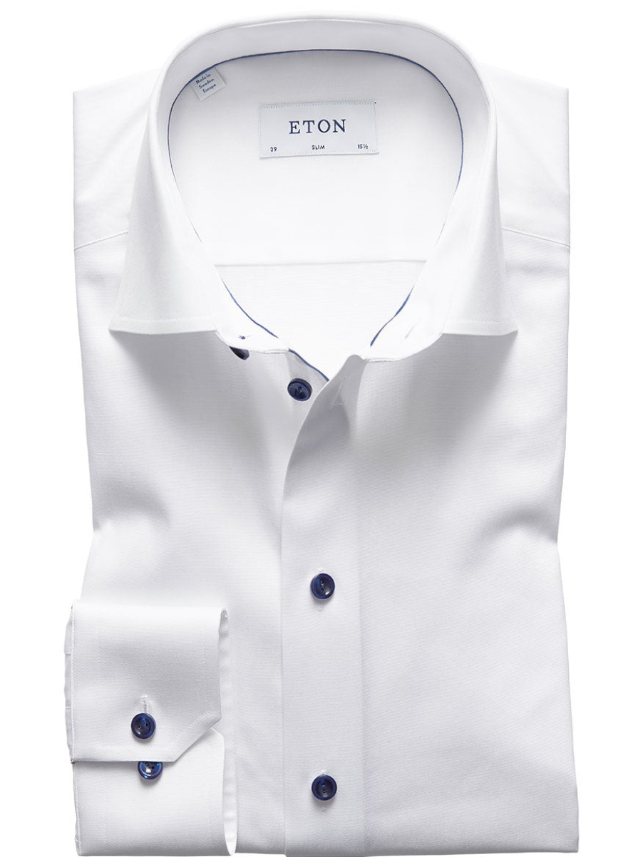 Men'S Eton Dress Shirts | Slim Fit White Twill Dress Shirt Navy Details | Eton