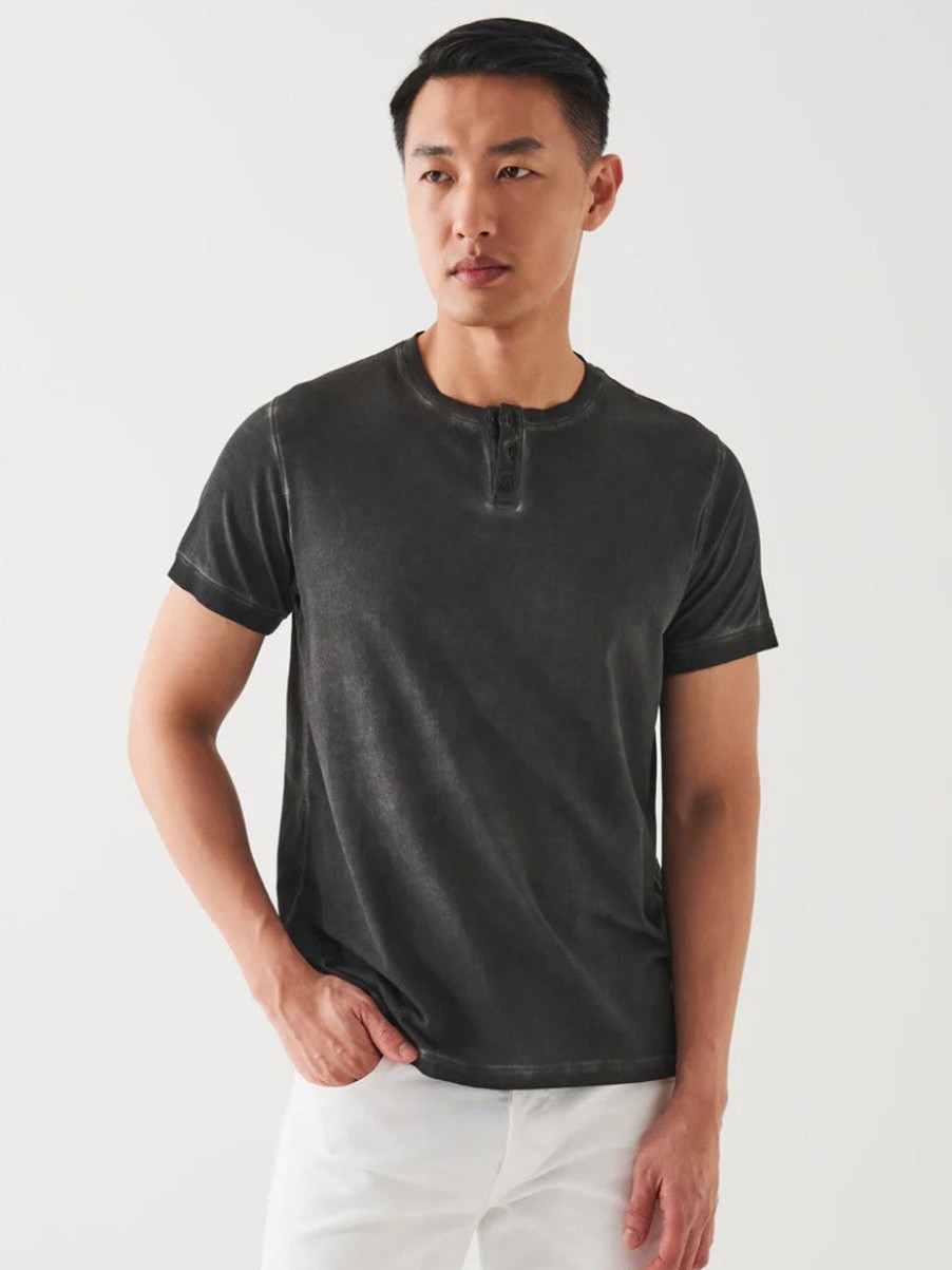 Men'S Patrick Assaraf T-Shirts | Pima Cotton Stretch Vintage Wash Henley Black | Patrick Assaraf