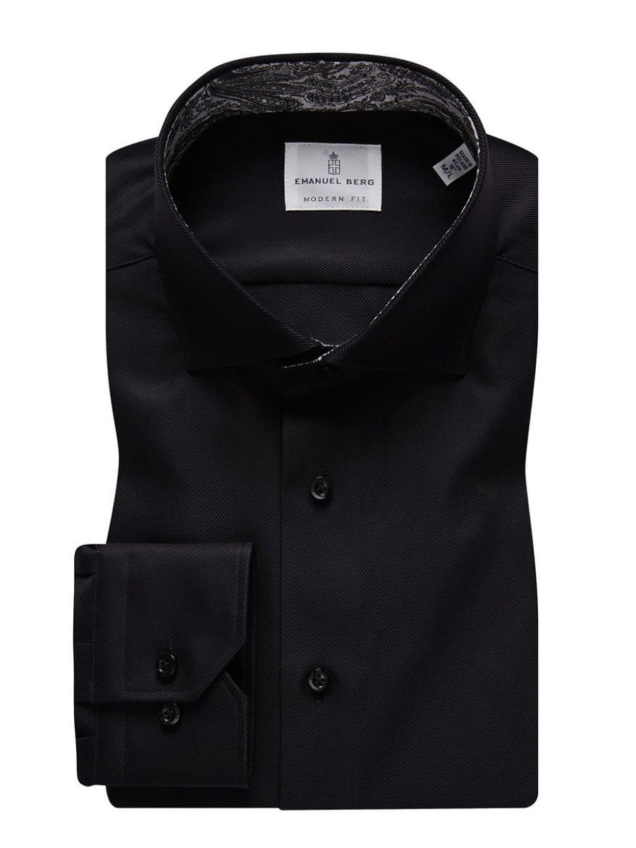 Men'S Emanuel Berg Dress Shirts | Black Textured Twill Casual Dress Shirt | Emanuel Berg