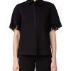 Women'S Akris Punto Tops | Zip Polo With Fringe Trim In Black | Akris Punto