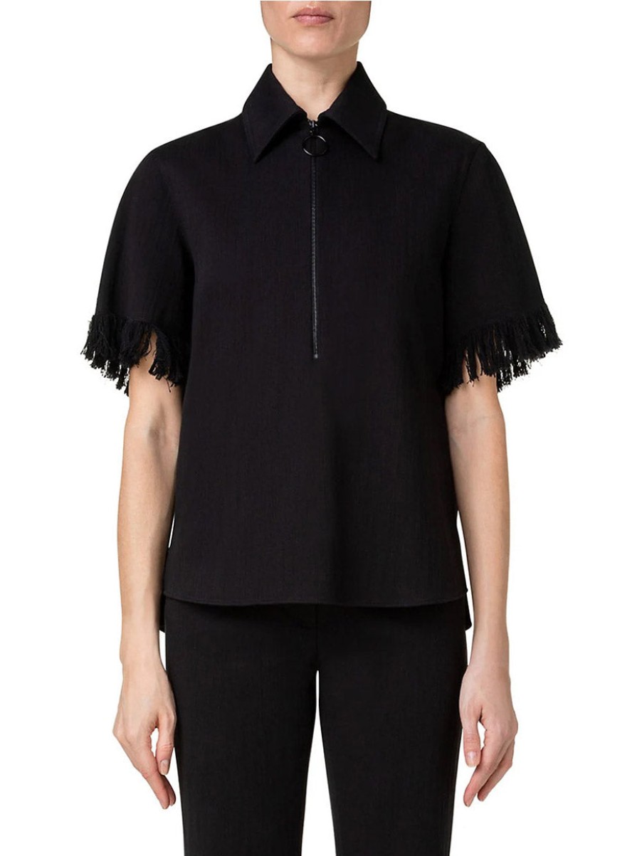 Women'S Akris Punto Tops | Zip Polo With Fringe Trim In Black | Akris Punto