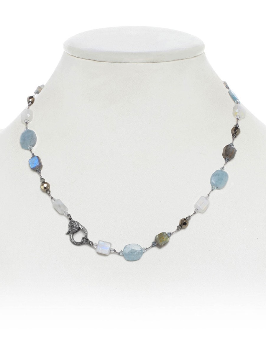 Women'S Margo Morrison Necklaces | Buy Aquamarine, Labradorite, Moonstone, And Pyrite Necklace With Diamond Clasp Jewelry