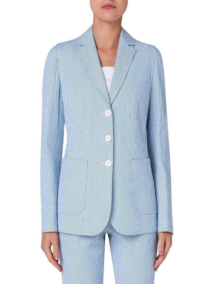 Women'S Akris Punto Tops | Striped Seersucker Jacket Denim/Cream | Akris Punto