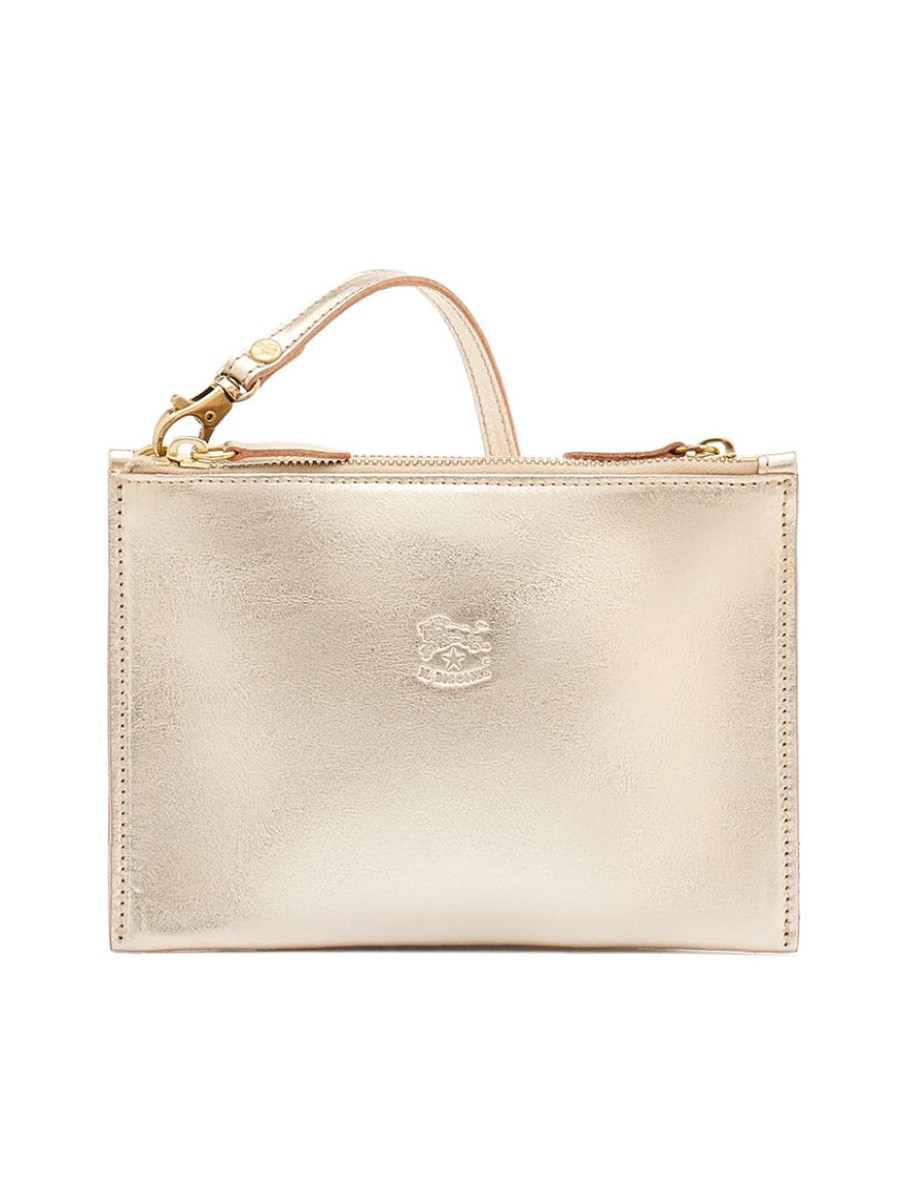 Women'S Il Bisonte Clutches | Talamone Clutch Crossbody Bag In Metallic Platinum Leather | Il Bisonte