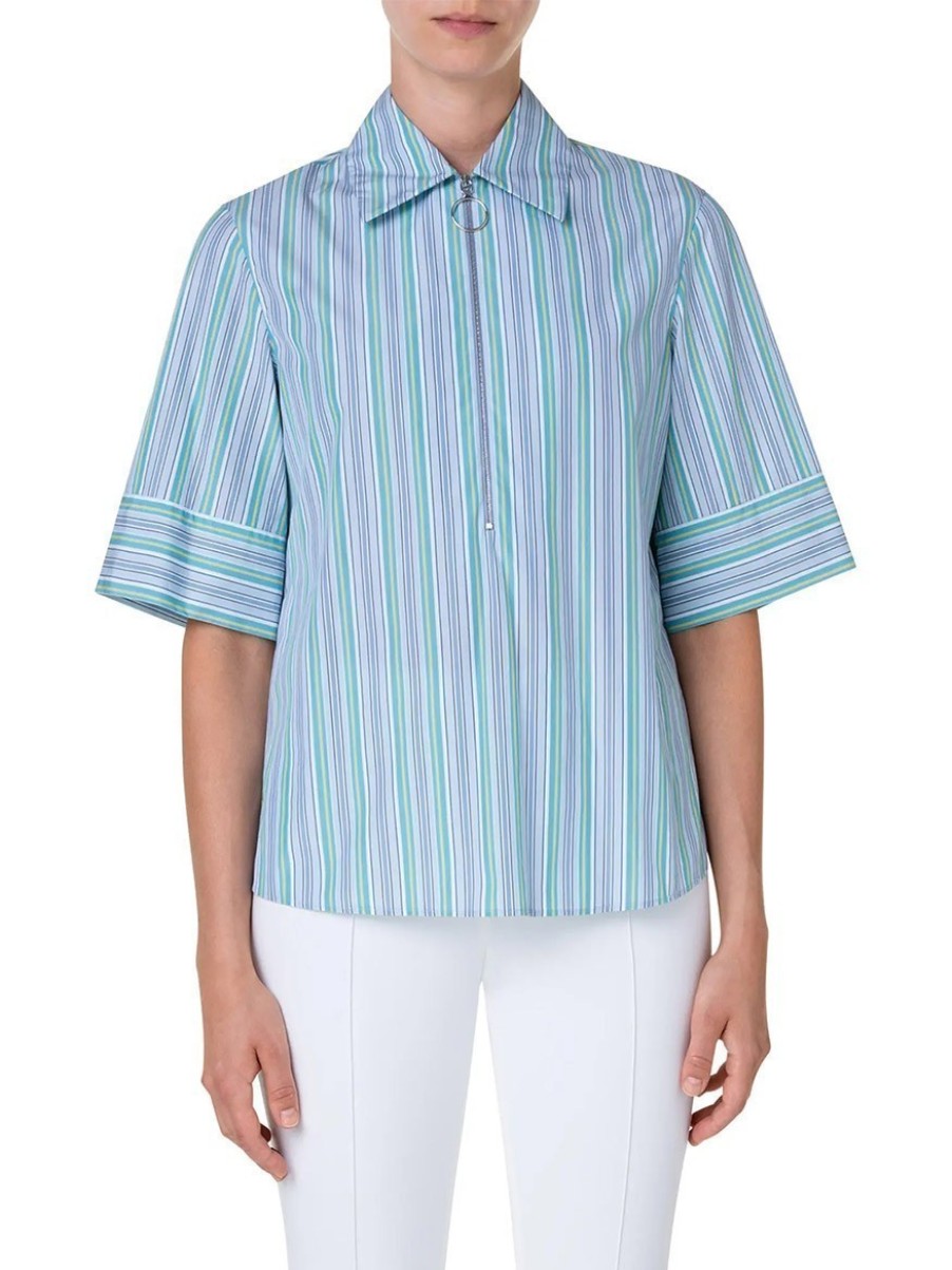 Women'S Akris Punto Tops | Striped Poplin Top Neon Yellow | Akris Punto